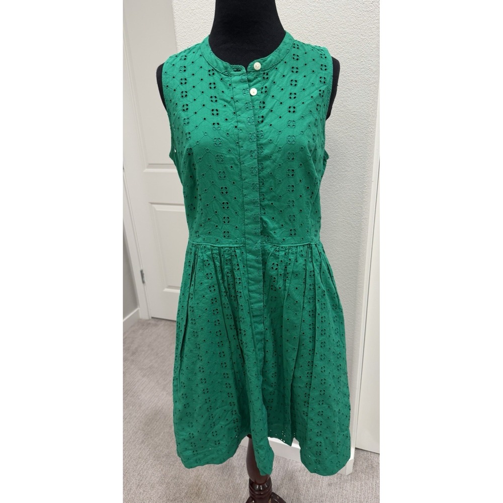 J.Crew Kelly Green Eyelet Sleeveless Cotton Midi Shirtdress Pockets S Preppy